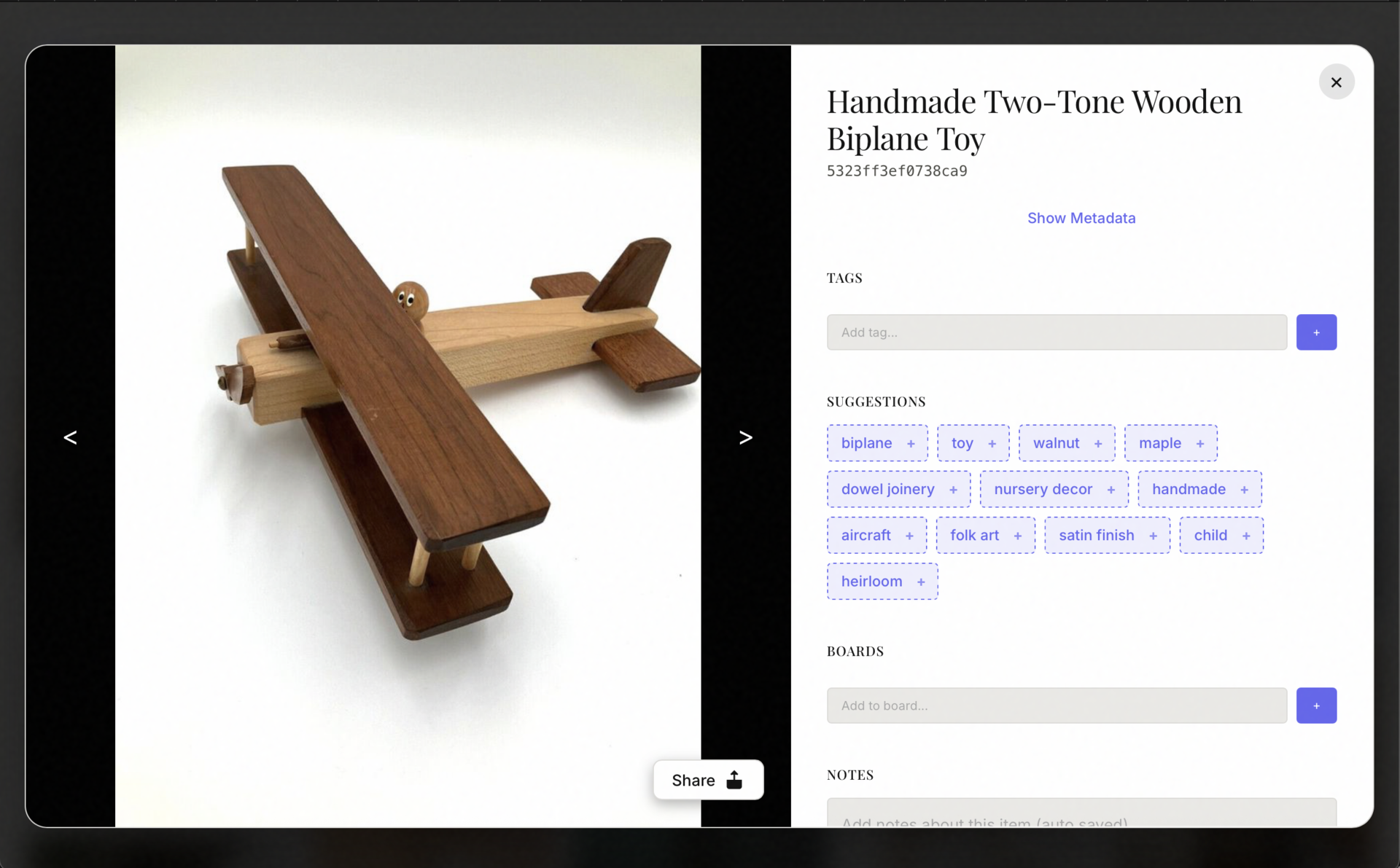 Detailed image view with AI-generated metadata and tags