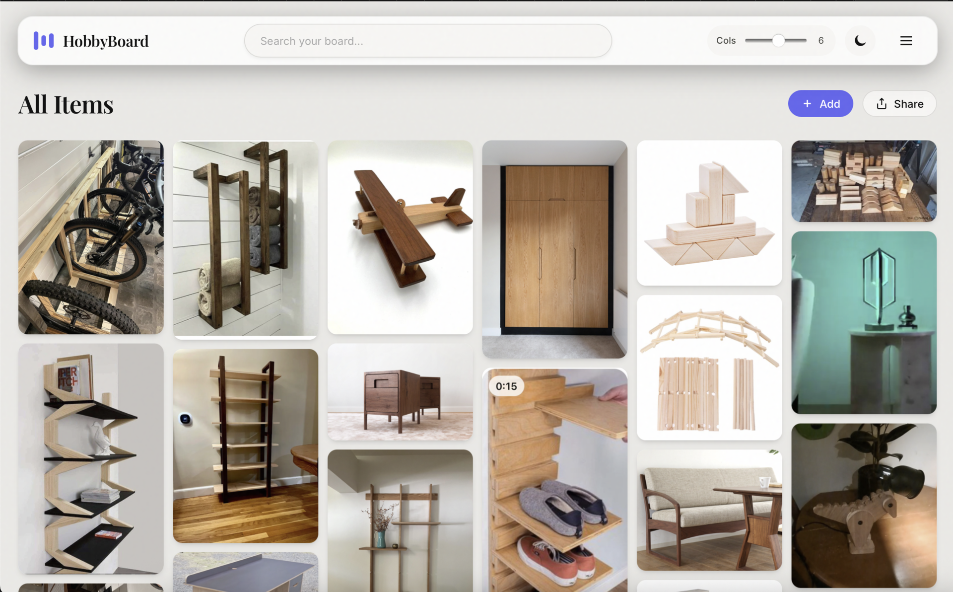 Masonry grid view of a curated image collection in HobbyBoard