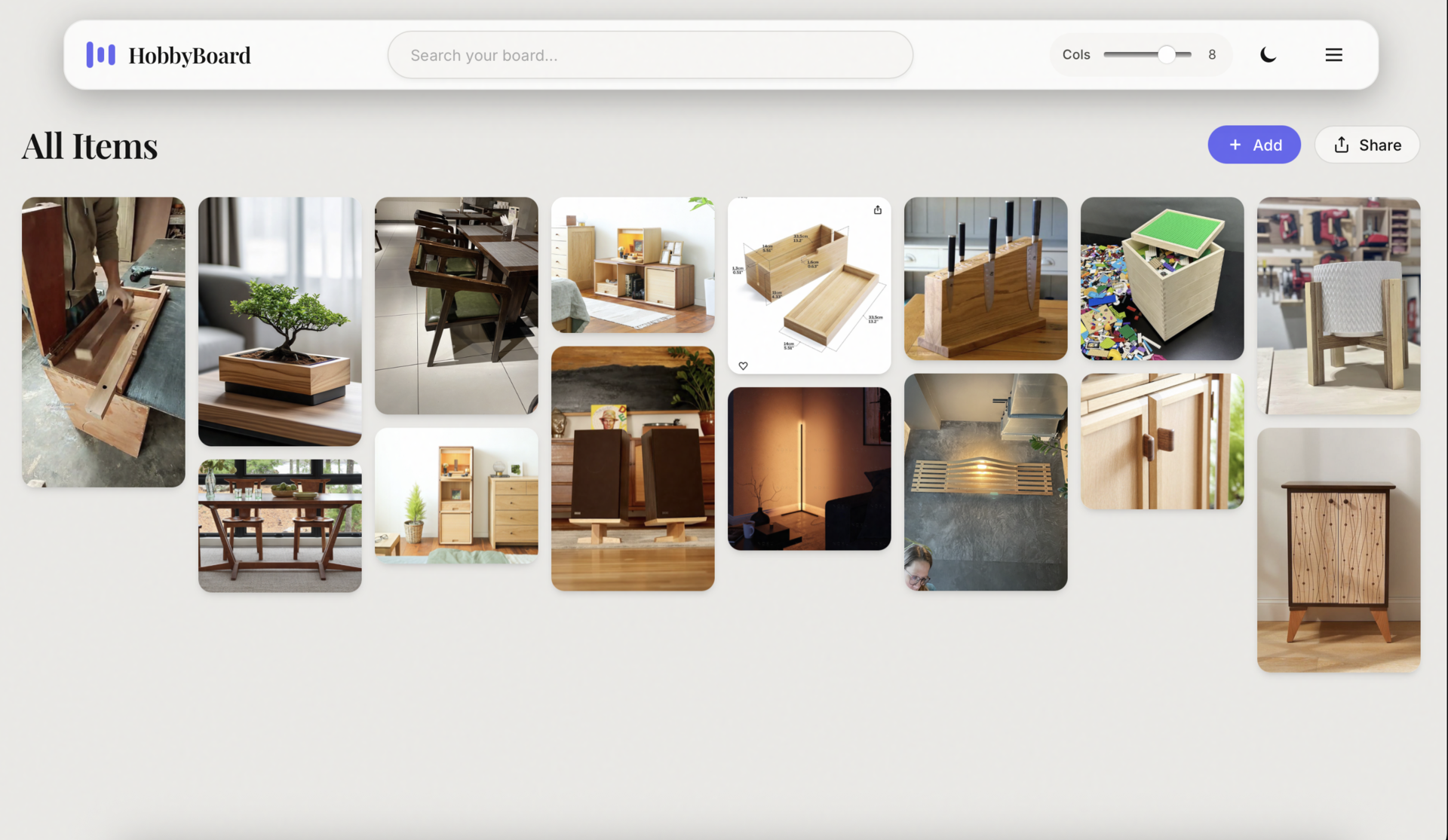 HobbyBoard interface showing a curated visual library with masonry grid layout
